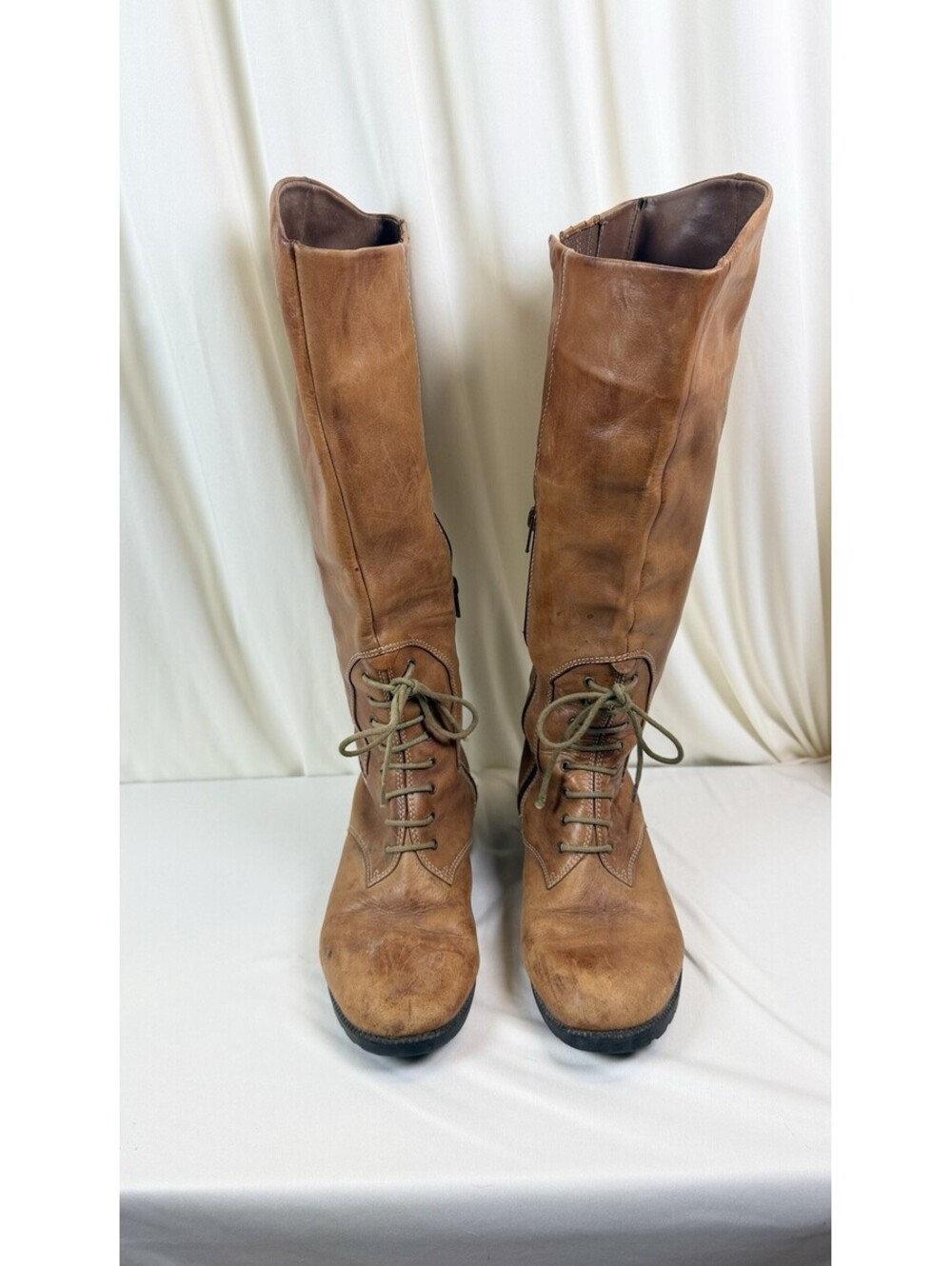 Earth Spirit Women’s Leather Tall Lace Up Zip Boots Tan Brown Size 7 EU 37